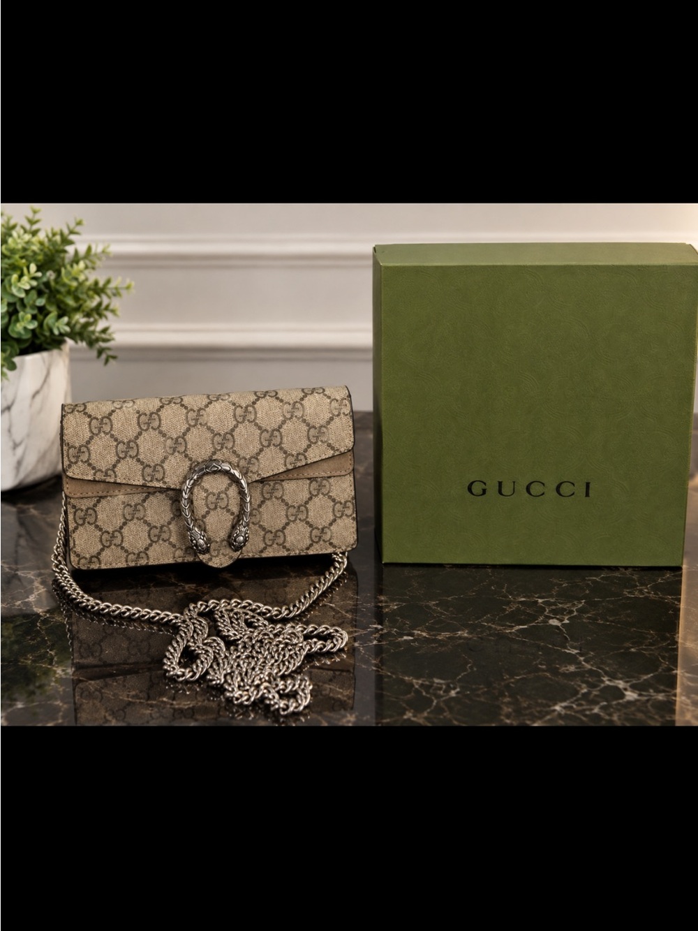 Gucci Beige GG Supreme Mini Dionysus Shoulder Bag with Silver Chain